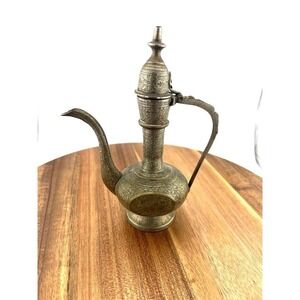Vintage brass aftaba etched ewer or mini pitcher, Approx 7 " tall